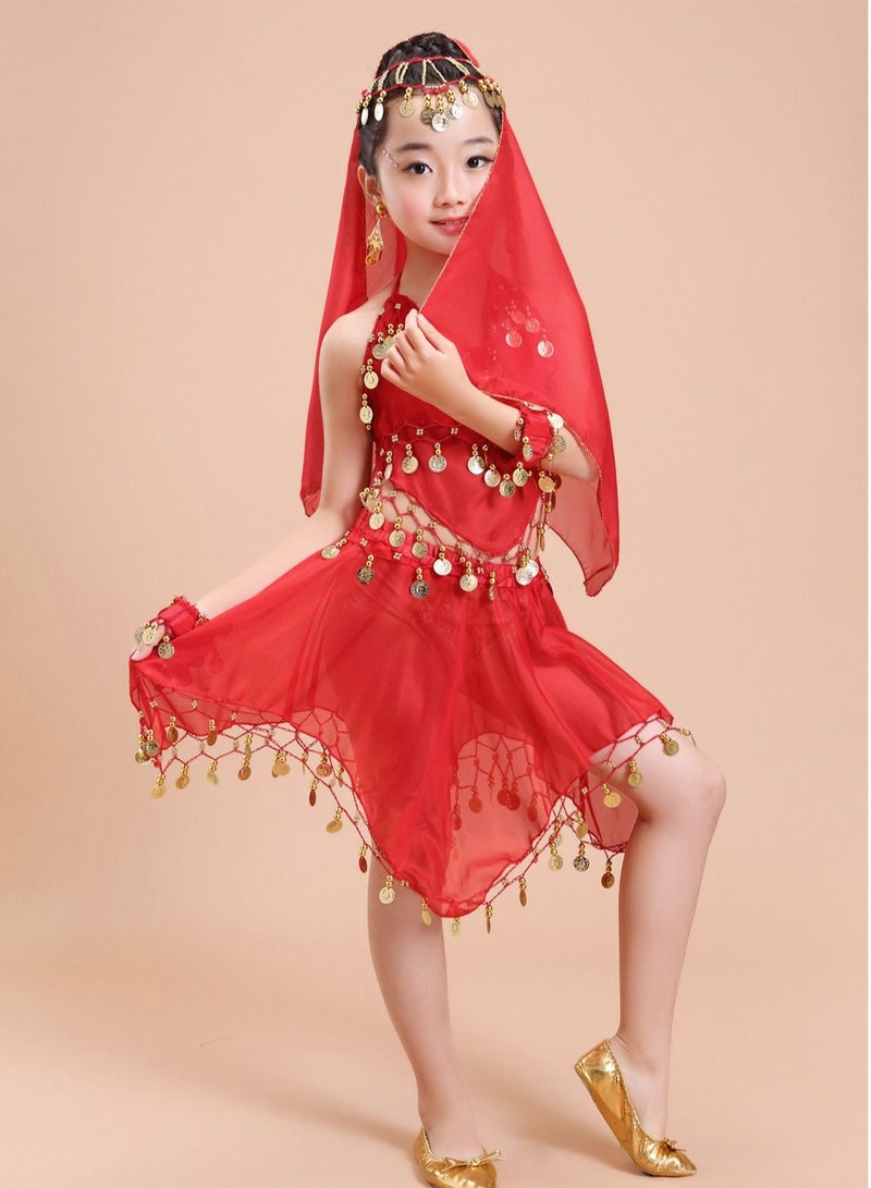 Loquat Girls Belly Dance Indian Dance Carnival Coins Pendant Performance Costume Set Red  - Image 1