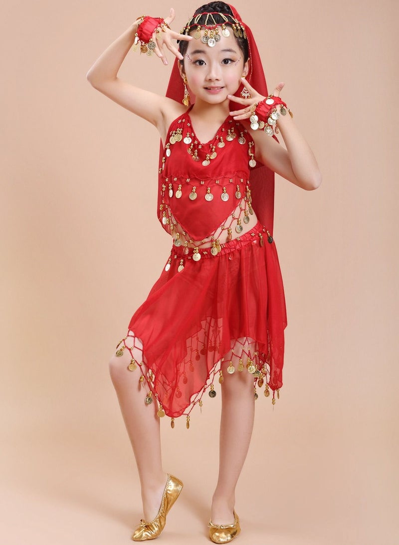Loquat Girls Belly Dance Indian Dance Carnival Coins Pendant Performance Costume Set Red  - Image 2