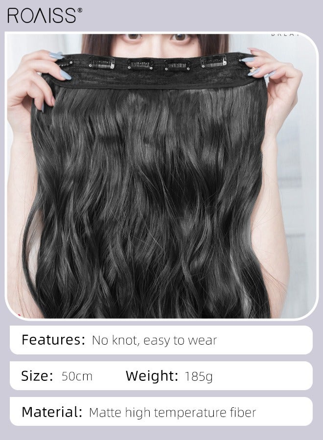 رويس وصلات شعر أسود طبيعي، وصلات شعر مجعد من قطعة واحدة مع 5 مشابك، قطعة شعر صناعية مقاومة للحرارة للفتيات النساء، 50 سم (20 بوصة) - Image 3