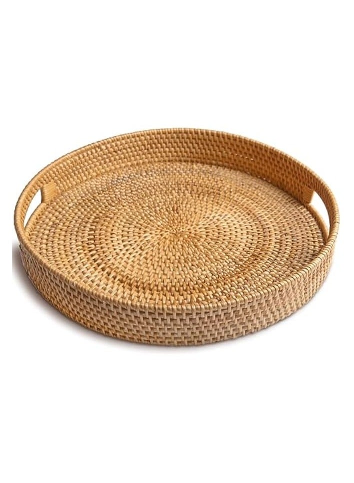 Green Tiger Round Rattan Serving Tray Decorative Wicker Trays with Handles for Coffee Table - Image 1