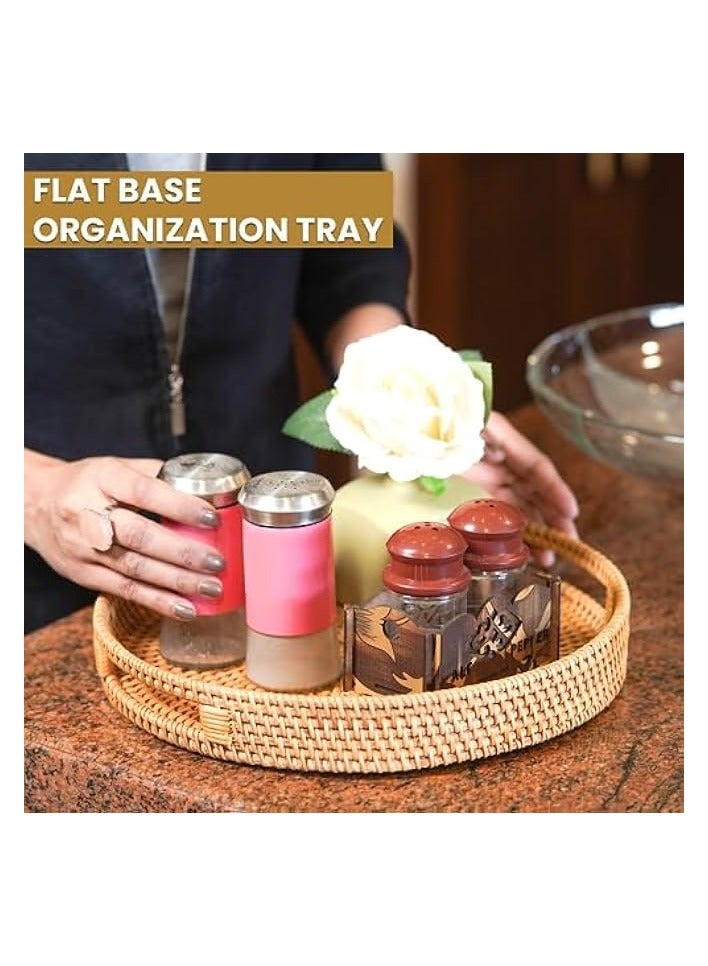 Green Tiger Round Rattan Serving Tray Decorative Wicker Trays with Handles for Coffee Table - Image 2