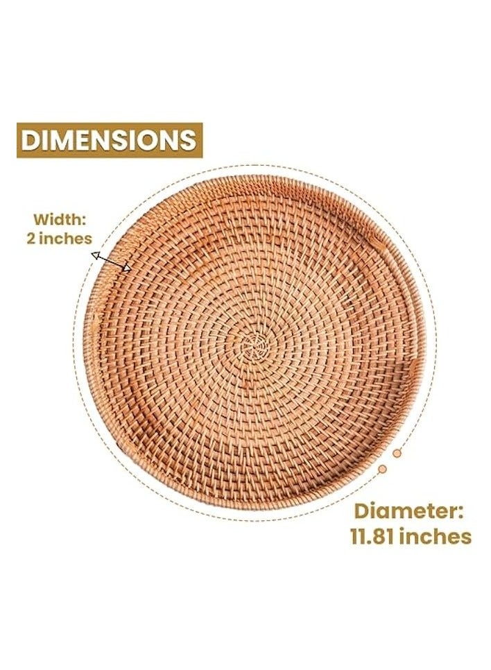 Green Tiger Round Rattan Serving Tray Decorative Wicker Trays with Handles for Coffee Table - Image 4