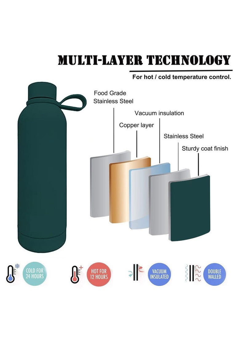 JoyousSto Stainless Steel  insulated Thermos soft touch with neck tags travel water bottle Long Lasting Hot or Cold Drinks Dark green 500ml  - Image 2