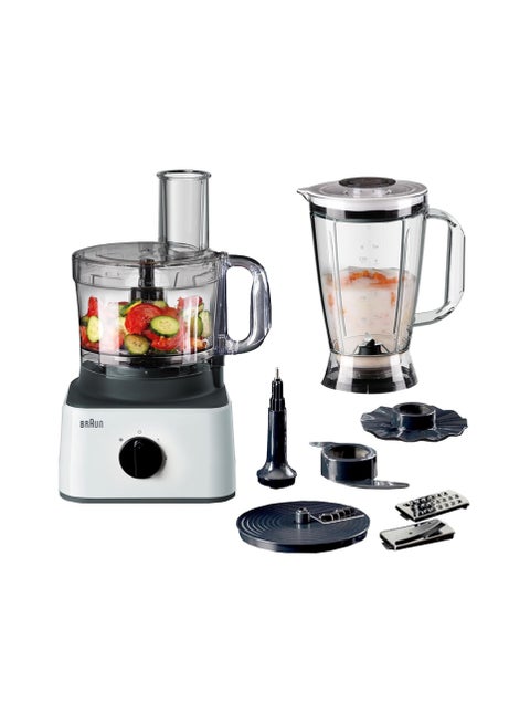 Food Processor 8 in 1, 750W, 2 Speeds, Pulse Function, 2.1L Capacity, 1.8L Blender, Slicing and Grating disc, Dough, Ice Crusher Blade, FP0132WH, White 750 W FP0132WH White