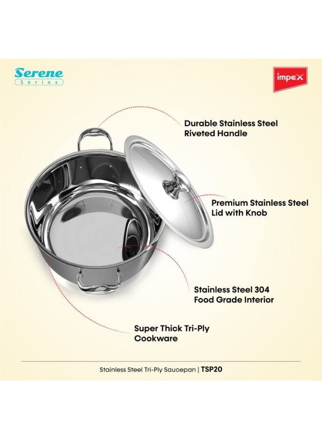 Impex Serene Triply Cookware | 304 Grade Stainless Steel | No PFOA Coating | lnduction Friendly Cookware, Silver (Sauce Pan 20cm) - Image 3