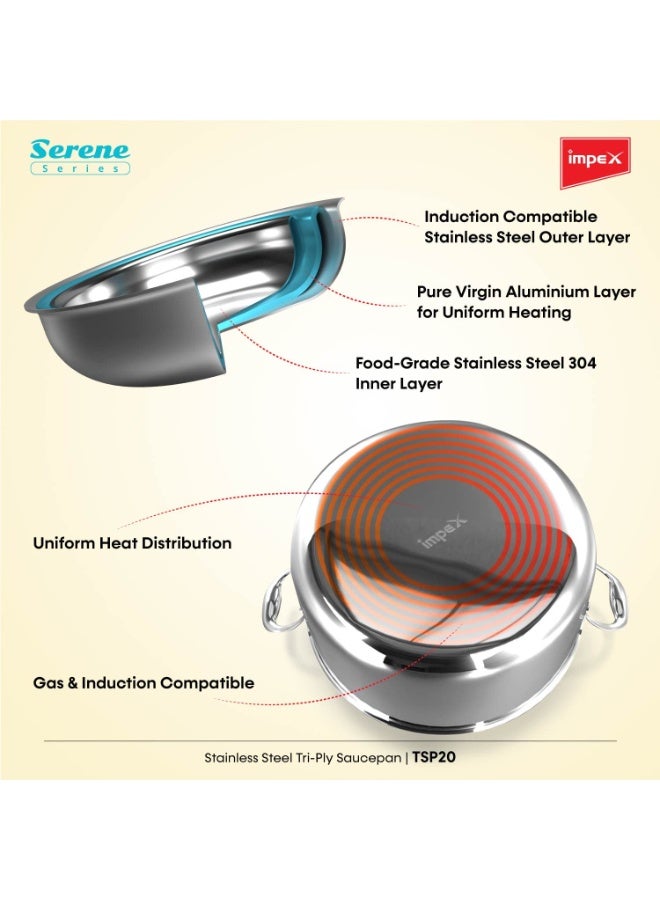Impex Serene Triply Cookware | 304 Grade Stainless Steel | No PFOA Coating | lnduction Friendly Cookware, Silver (Sauce Pan 20cm) - Image 2