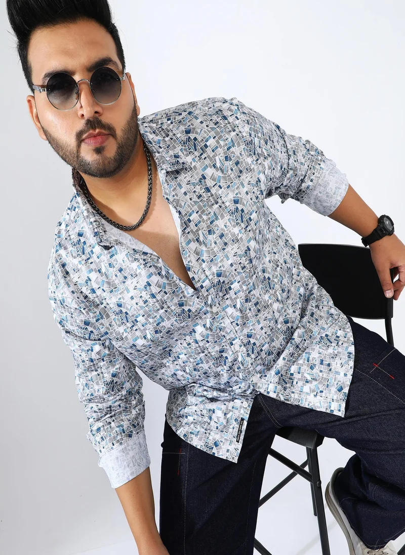 انستافاب بلس قميص قطني تجريدي باللون الأزرق النيلي للرجال