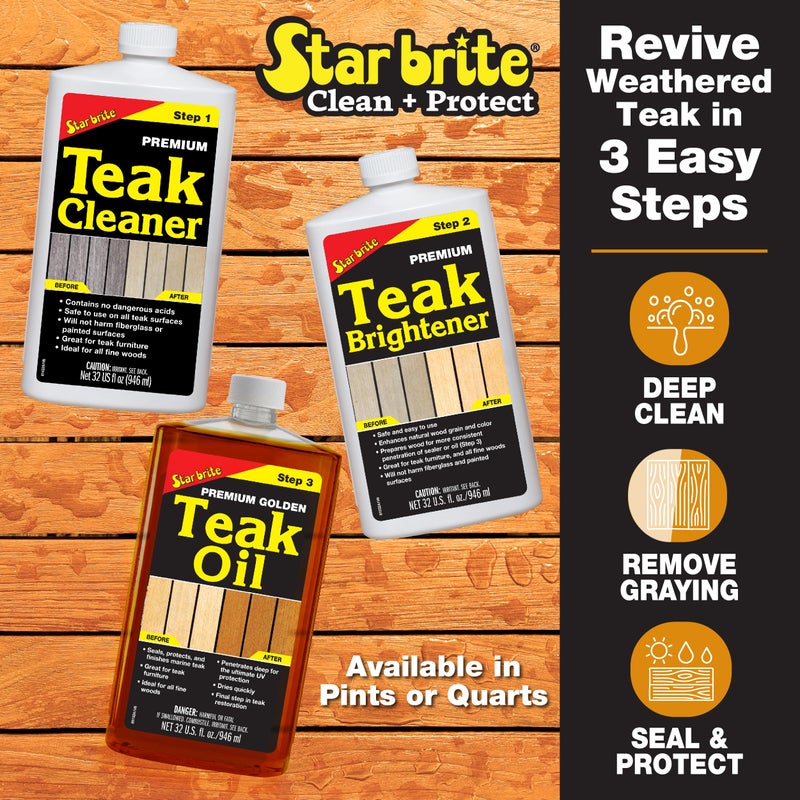 STAR BRITE Premium Teak Care Kit - Marine Grade Teak Cleaner, Brightener & Golden Teak Oil - Ideal for Boats, Decks, Patio & Fine Wood Furniture - Renew, Refinish & Protect (081202) - Image 2
