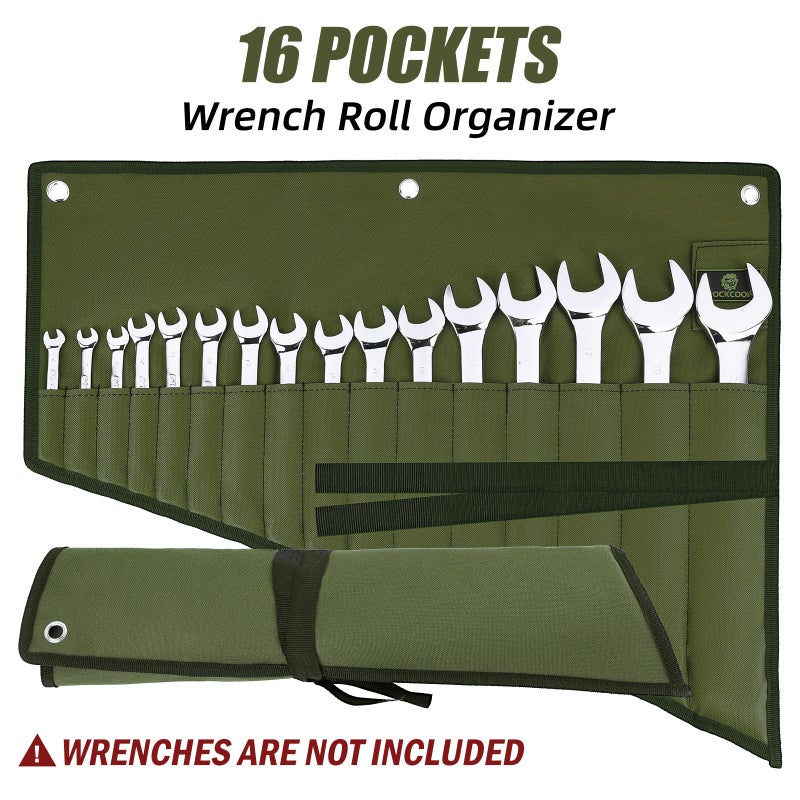 ROCKCOON Wrench Roll Organizer 16 Pockets, Wrench Pouch Roll Up with Water Proof Oxford Cloth, Tool Roll Bag for Wrenches Organization, Green - Image 2