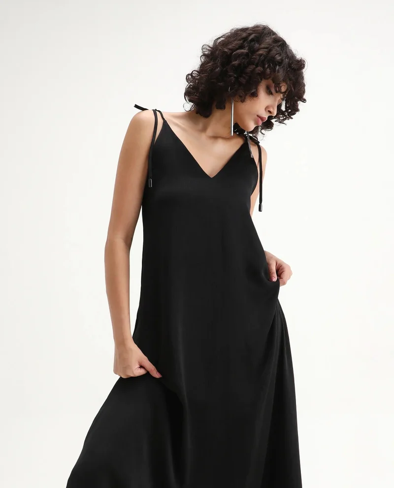 ريريزم Rareism Women Janfree Black 100% Polyester Fabric Shoulder Straps A-Line Maxi Plain Dress