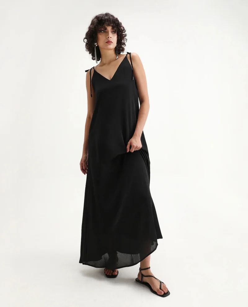 ريريزم Rareism Women Janfree Black 100% Polyester Fabric Shoulder Straps A-Line Maxi Plain Dress