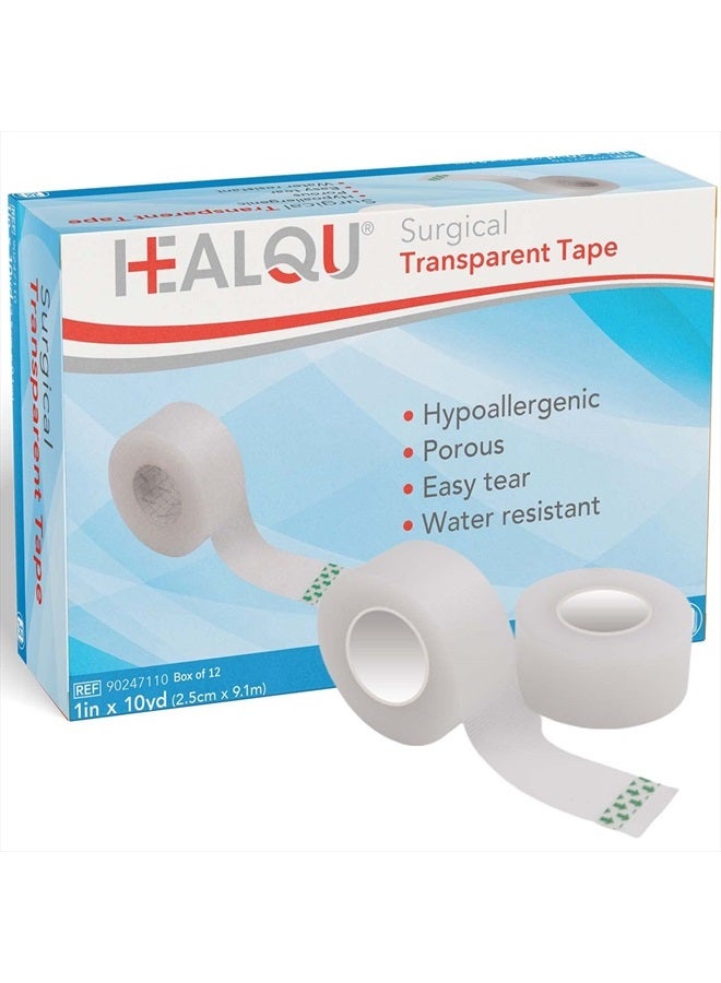 HEALQU شريط طبي شفاف HEALQU - علبة تحتوي على 12 لفة، 1" × 10 ياردة شريط جراحي مع لاصق لطيف للبشرة الحساسة للعناية بالجروح، الأنابيب، مستلزمات الإسعافات الأولية - شريط قابل للتنفس، ميكروبوري - Image 1