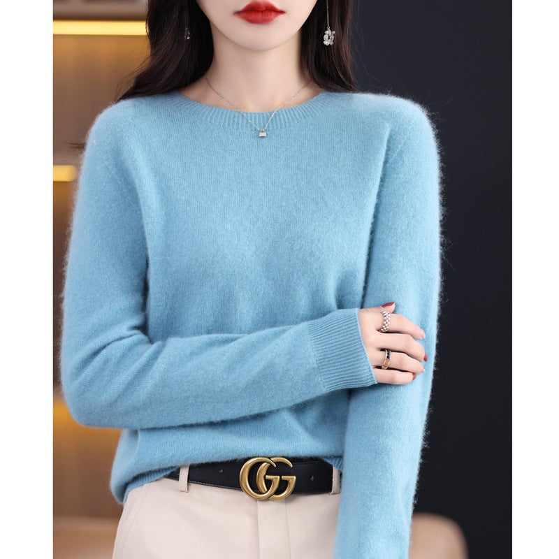 Woolen sweater womens solid color round neck 23 new long sleeve seamless knitted first-line garment wool sweater undershirt Lake Blue