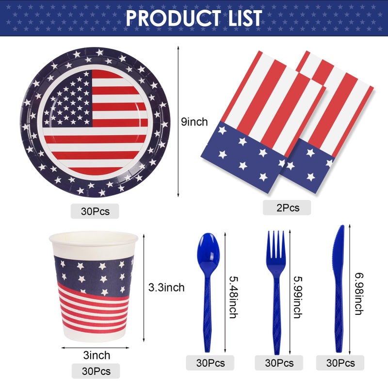 Childom Patriotic Party Supplies,152Pcs American Flag Themed Party Set,Patriotic Party Decorations,American Flag Tablecloth,4th of July Plates Cups,Red White and Blue Decor for Outside,Picnic,Memorial - Image 2