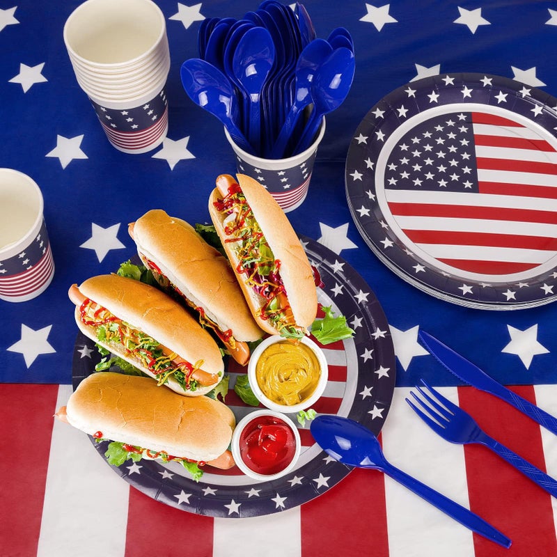 Childom Patriotic Party Supplies,152Pcs American Flag Themed Party Set,Patriotic Party Decorations,American Flag Tablecloth,4th of July Plates Cups,Red White and Blue Decor for Outside,Picnic,Memorial - Image 5