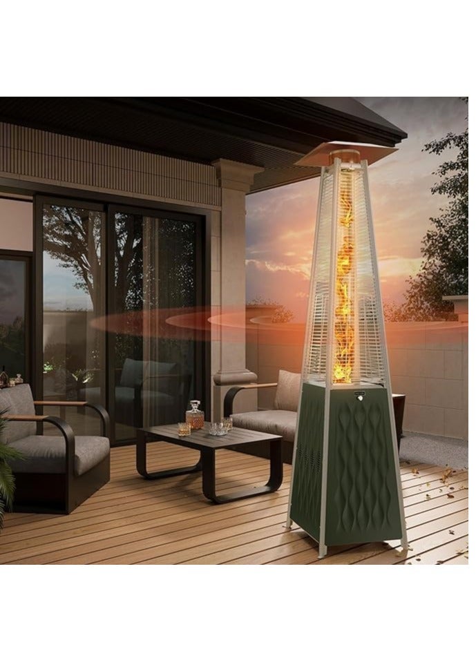 مدفأة هرمية للفناء الخارجي - مدفأة خارجية تعمل بالبروبان بقوة ٤٨,٠٠٠ وحدة حرارية بريطانية، مزودة بأنبوب لهب من زجاج الكوارتز وعجلات | لون أخضر مناسب للحدائق والتراسات والمطاعم - Image 2