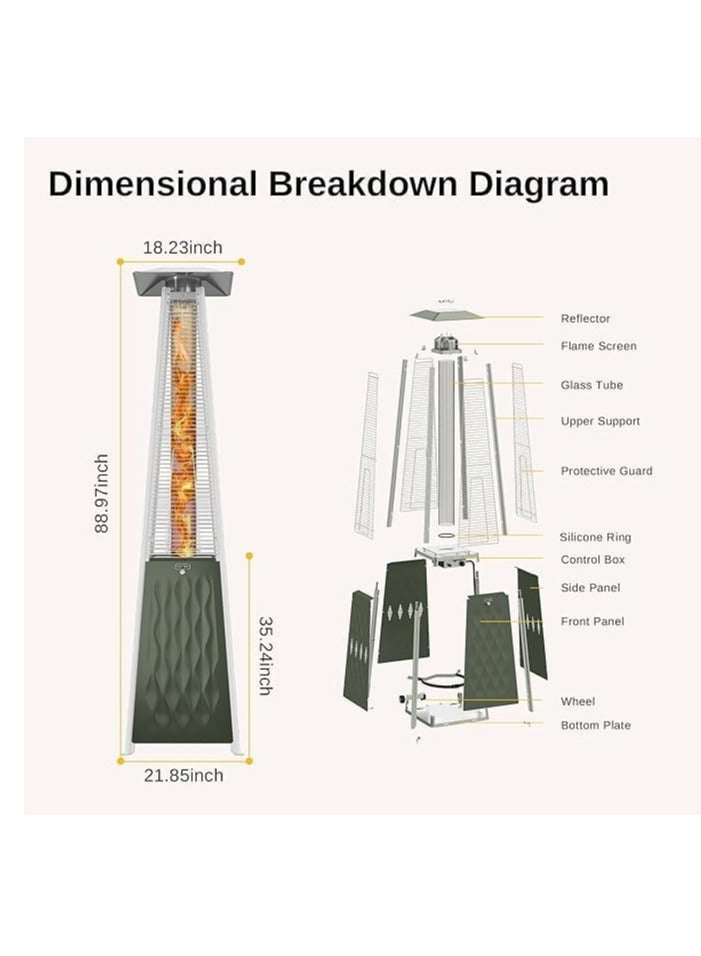 مدفأة هرمية للفناء الخارجي - مدفأة خارجية تعمل بالبروبان بقوة ٤٨,٠٠٠ وحدة حرارية بريطانية، مزودة بأنبوب لهب من زجاج الكوارتز وعجلات | لون أخضر مناسب للحدائق والتراسات والمطاعم - Image 3