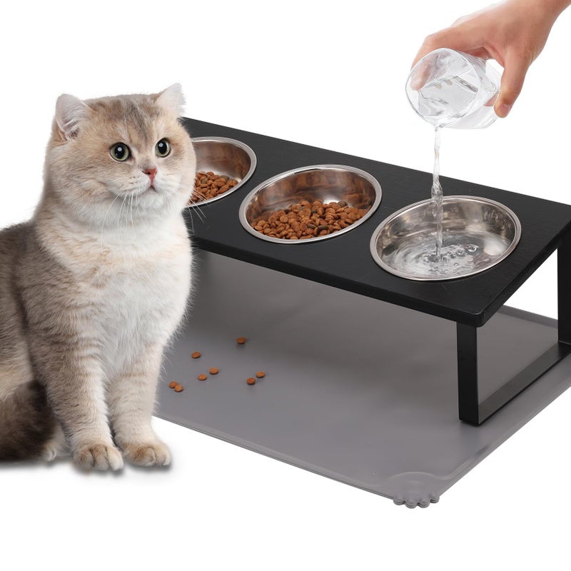 Summark Upgraded Elevated Cat Bowls with Food Mat,15Â°Tilted Stand Anti Vomiting Raised Cat Dishes for Food and Water,3 Stainless Steel Bowls for Cats and Puppyï¼ˆBlackï¼‰ - Image 1