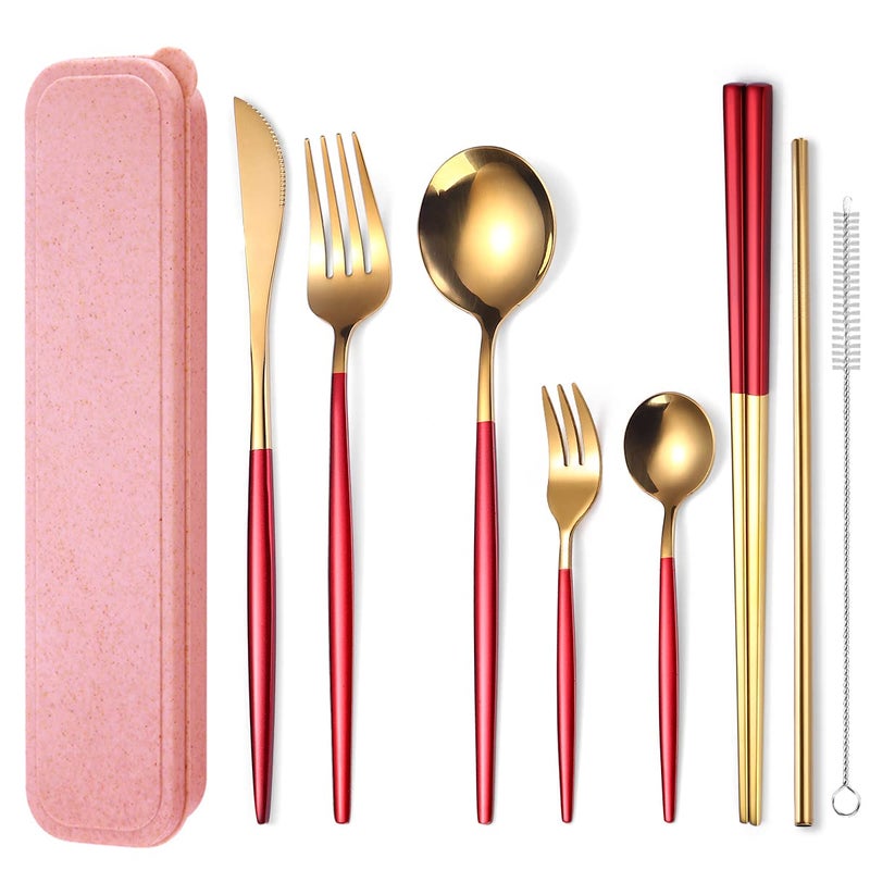 AARAINBOW 8 Pieces Stainless Steel Flatware Set Portable Reusable Cutlery Set Travel Utensils Set Including Chopsticks Knife Fork Spoon Straws Cleaning Brush Dishwasher Safe Red Golden
