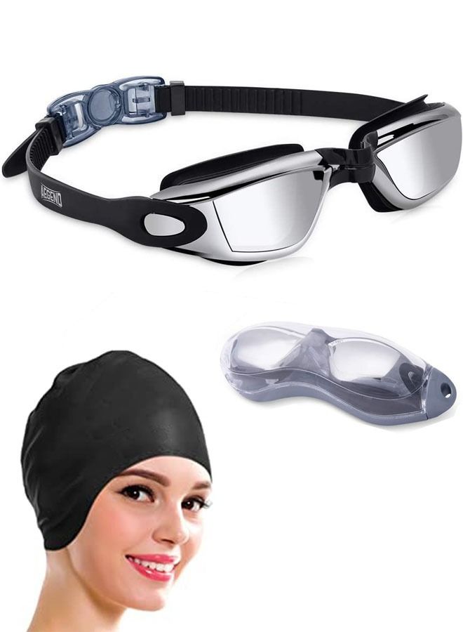 Captaintech Swim Cap Swim Goggles, Swim Cap for Long Hair Anti Fog UV Protection for Adult Kid with Nose Clip Ear Plugs Sets - Image 1