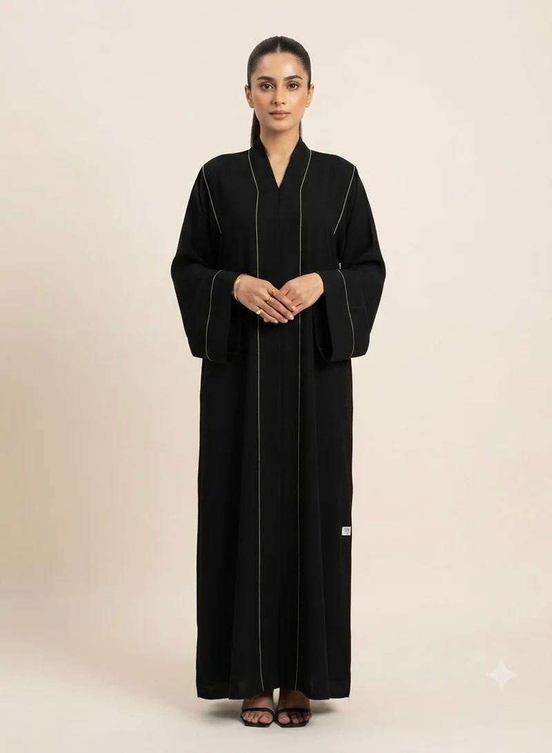 Nikias Black Nida Abaya with Piping on Shoulders & Front | Full Button Design