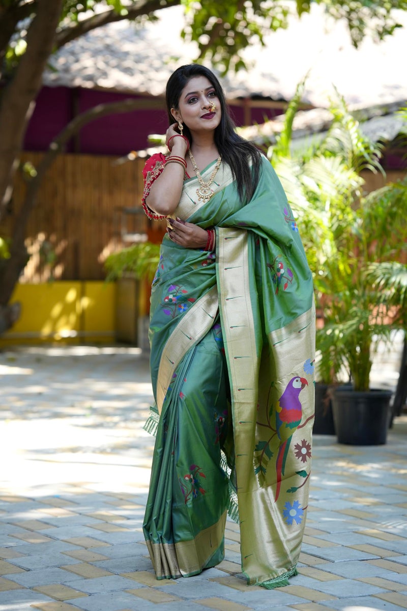 AMIRAT Women's Paithani Soft Silk Saree Pure Banarasi Silk Saree with Unstitched Blouse Piece (Sea Green) - Image 2