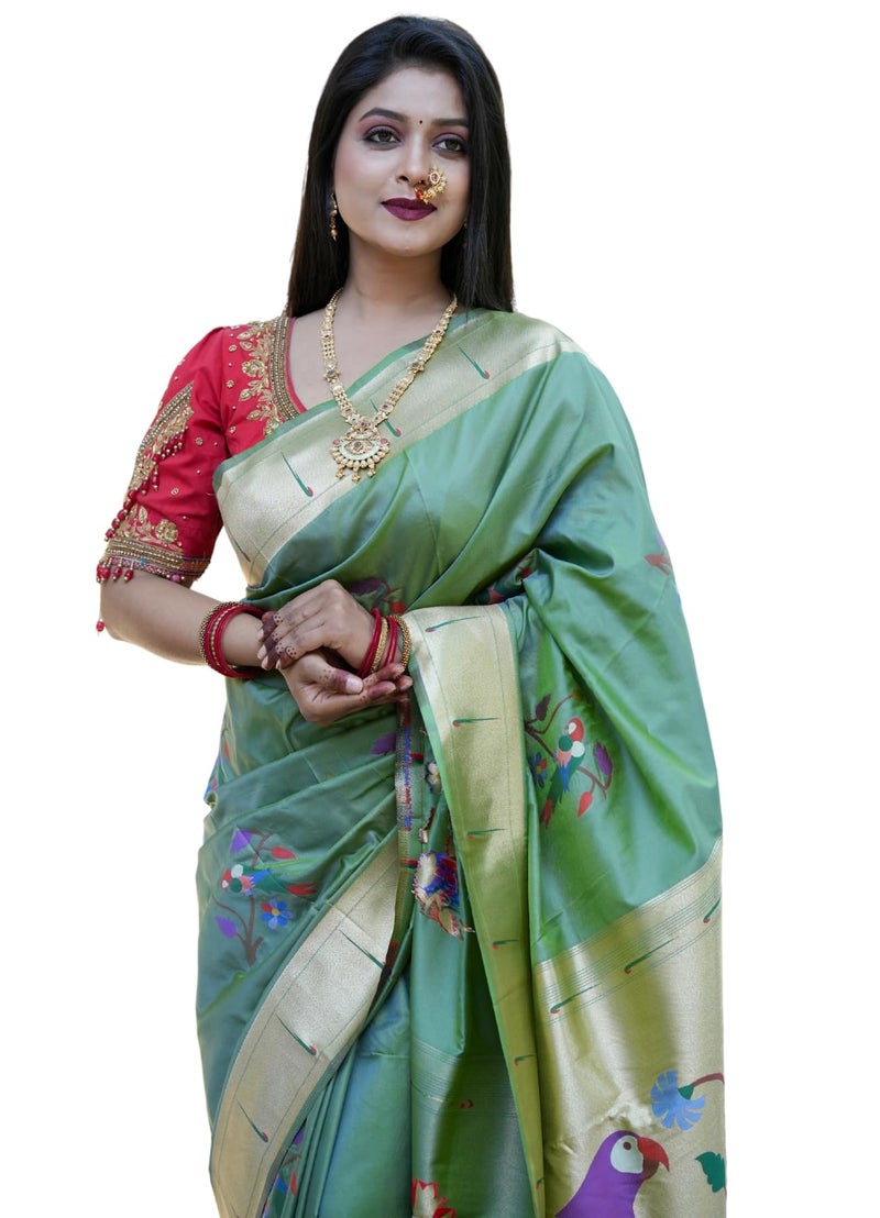 AMIRAT Women's Paithani Soft Silk Saree Pure Banarasi Silk Saree with Unstitched Blouse Piece (Sea Green) - Image 1