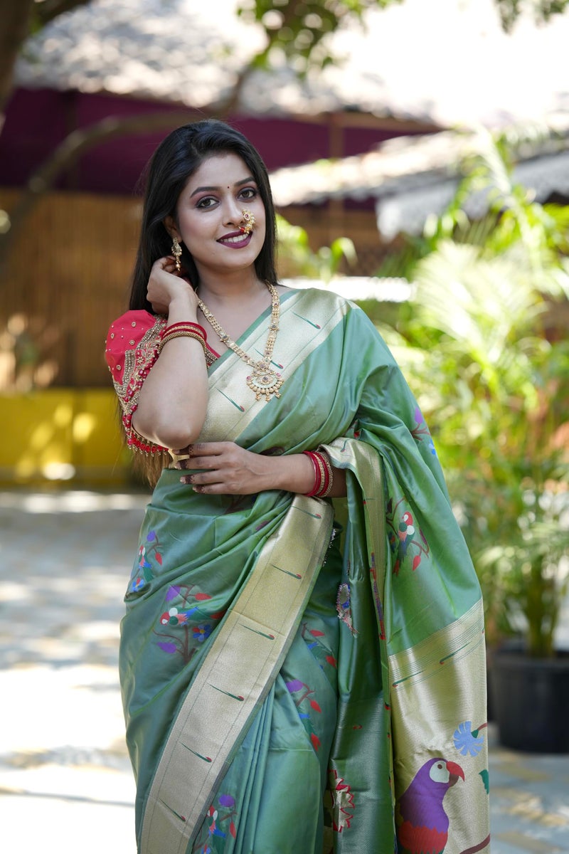 AMIRAT Women's Paithani Soft Silk Saree Pure Banarasi Silk Saree with Unstitched Blouse Piece (Sea Green) - Image 3