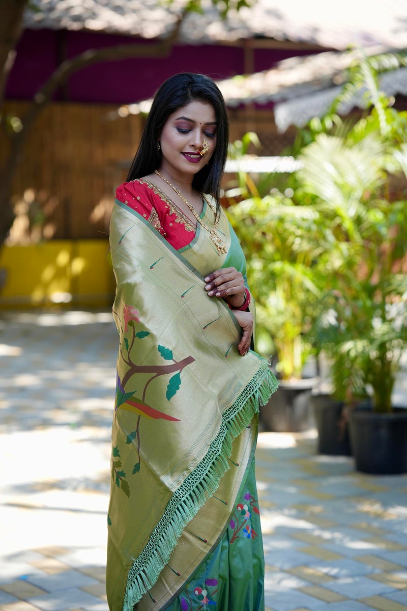 AMIRAT Women's Paithani Soft Silk Saree Pure Banarasi Silk Saree with Unstitched Blouse Piece (Sea Green) - Image 5