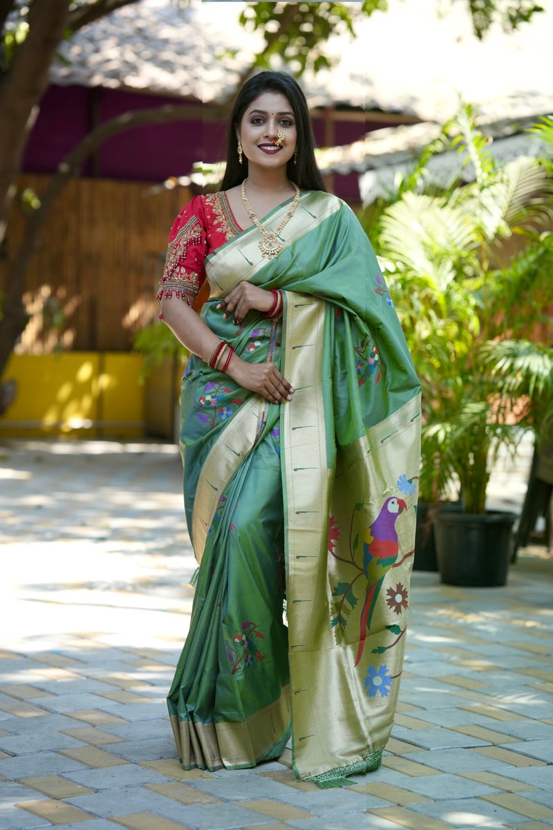 AMIRAT Women's Paithani Soft Silk Saree Pure Banarasi Silk Saree with Unstitched Blouse Piece (Sea Green) - Image 4