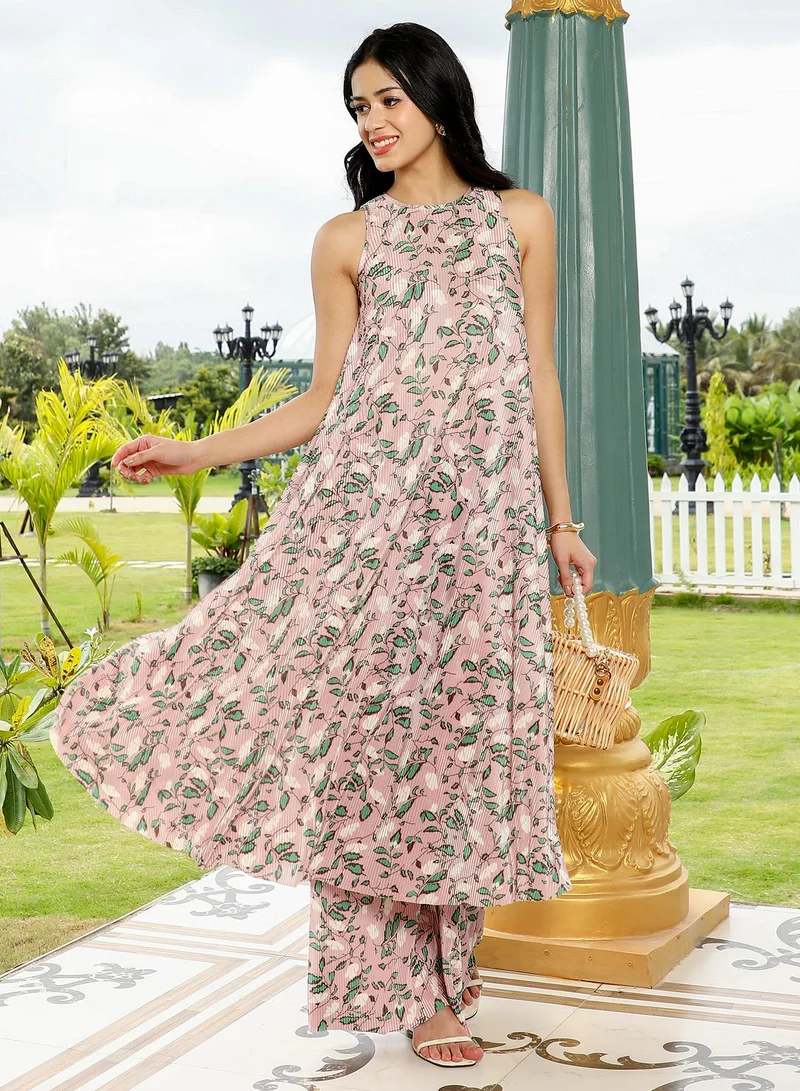 QISSA Women's Botanic Pleated-Halter Kurta Set For Ethnic Wear | Halter Neck, Sleeveless | Floral Print Pleated Fabric | 2 Piece Kurta Set Designed For Casual & Daily Wear