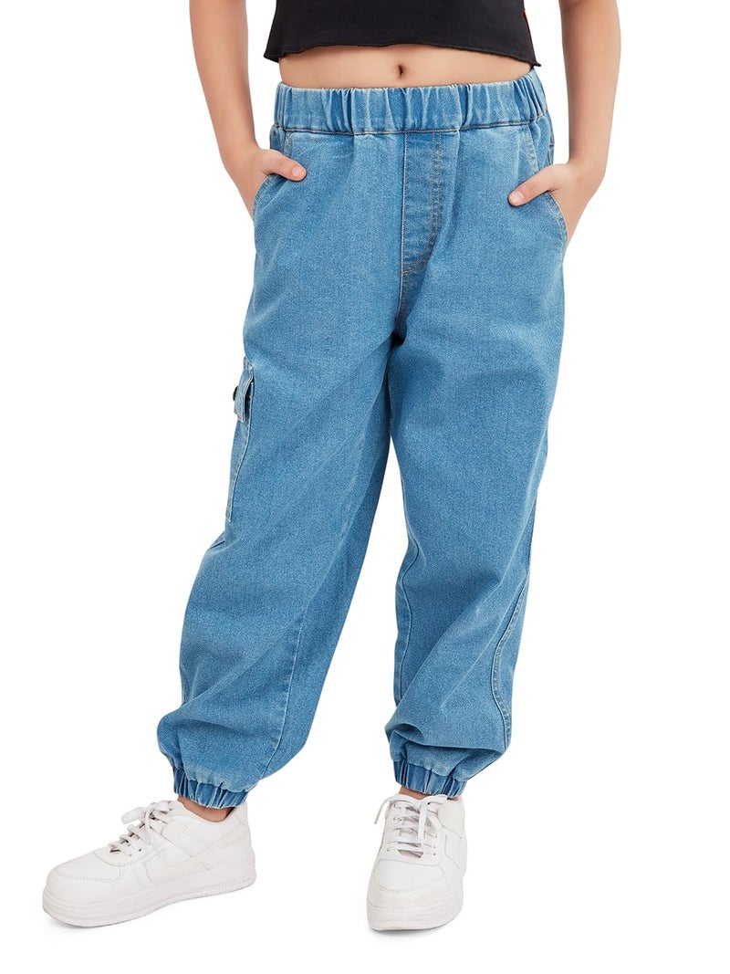 olele® Girls Jackson Joggers Cotton Denim Mid Rise Jeans Regular Fit Stretchable (Elasticated Waist) - Indigo Blue, Tailored For 4 To 14 Years Kids - 12-14 Yrs - Image 1