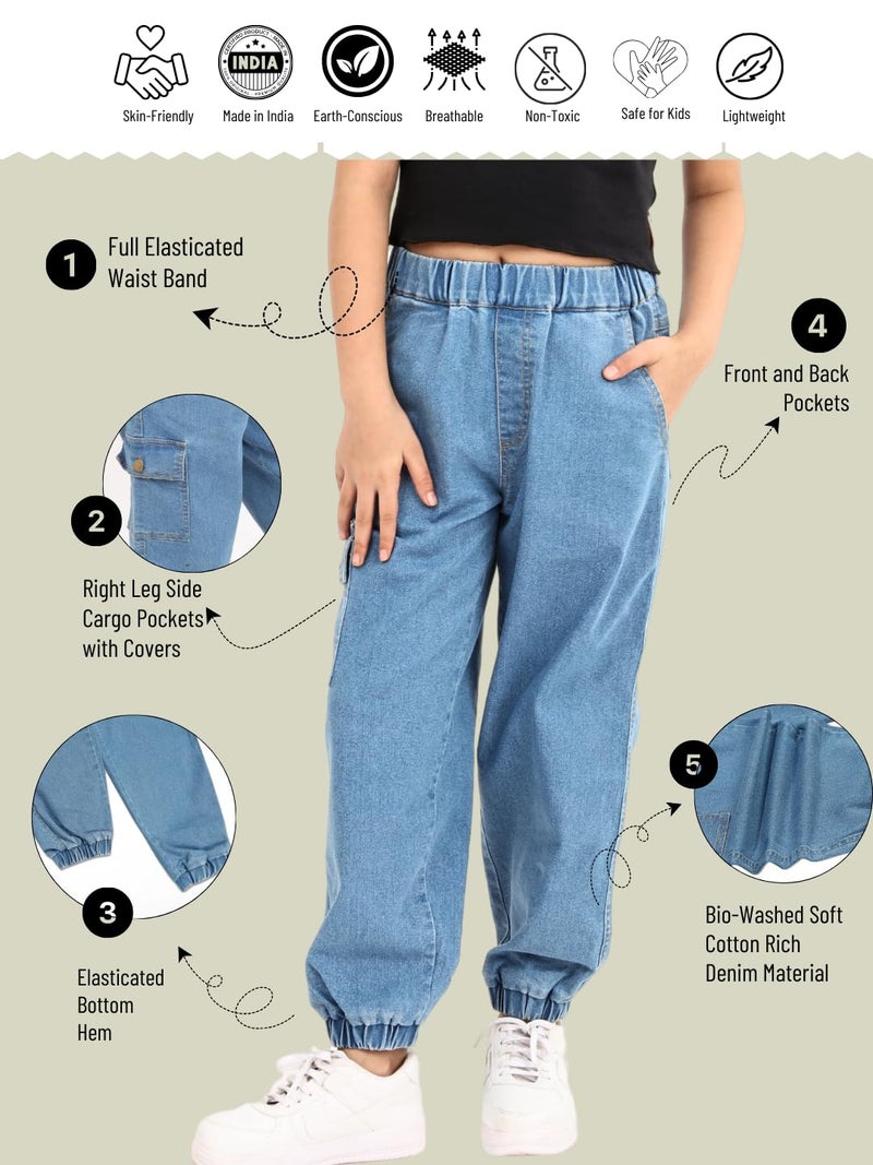 olele® Girls Jackson Joggers Cotton Denim Mid Rise Jeans Regular Fit Stretchable (Elasticated Waist) - Indigo Blue, Tailored For 4 To 14 Years Kids - 12-14 Yrs - Image 5