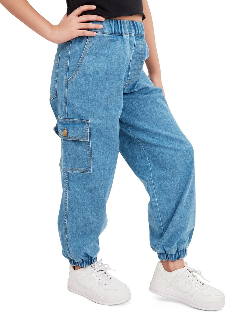 olele® Girls Jackson Joggers Cotton Denim Mid Rise Jeans Regular Fit Stretchable (Elasticated Waist) - Indigo Blue, Tailored For 4 To 14 Years Kids - 12-14 Yrs - Image 3