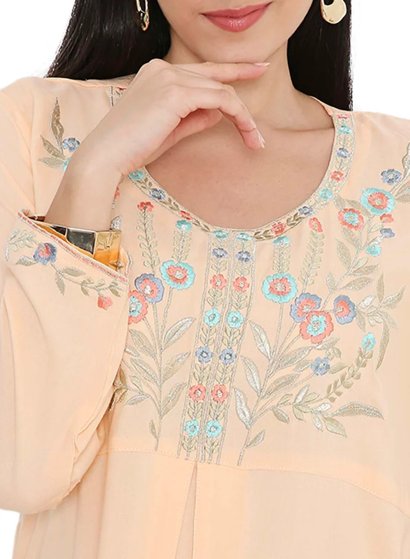 HANA & SARA SOLID PASTEL ORANGE COLOUR LONG VISCOSE WITH MULTICOLOUR EMBROIDERED MODEST ARABIC KAFTAN JALABIYA DRESSES