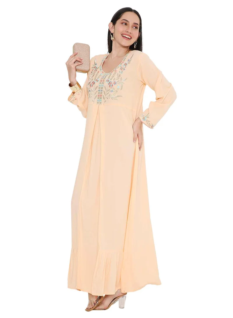 HANA & SARA SOLID PASTEL ORANGE COLOUR LONG VISCOSE WITH MULTICOLOUR EMBROIDERED MODEST ARABIC KAFTAN JALABIYA DRESSES