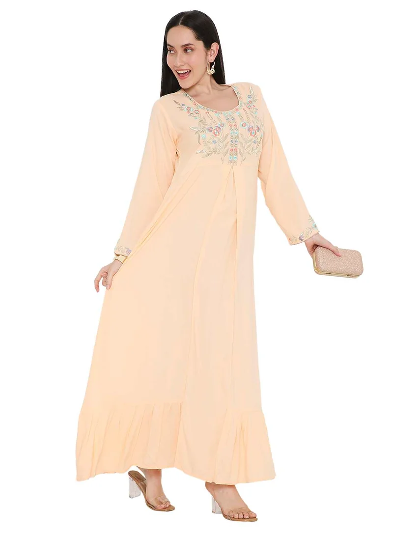 HANA & SARA SOLID PASTEL ORANGE COLOUR LONG VISCOSE WITH MULTICOLOUR EMBROIDERED MODEST ARABIC KAFTAN JALABIYA DRESSES