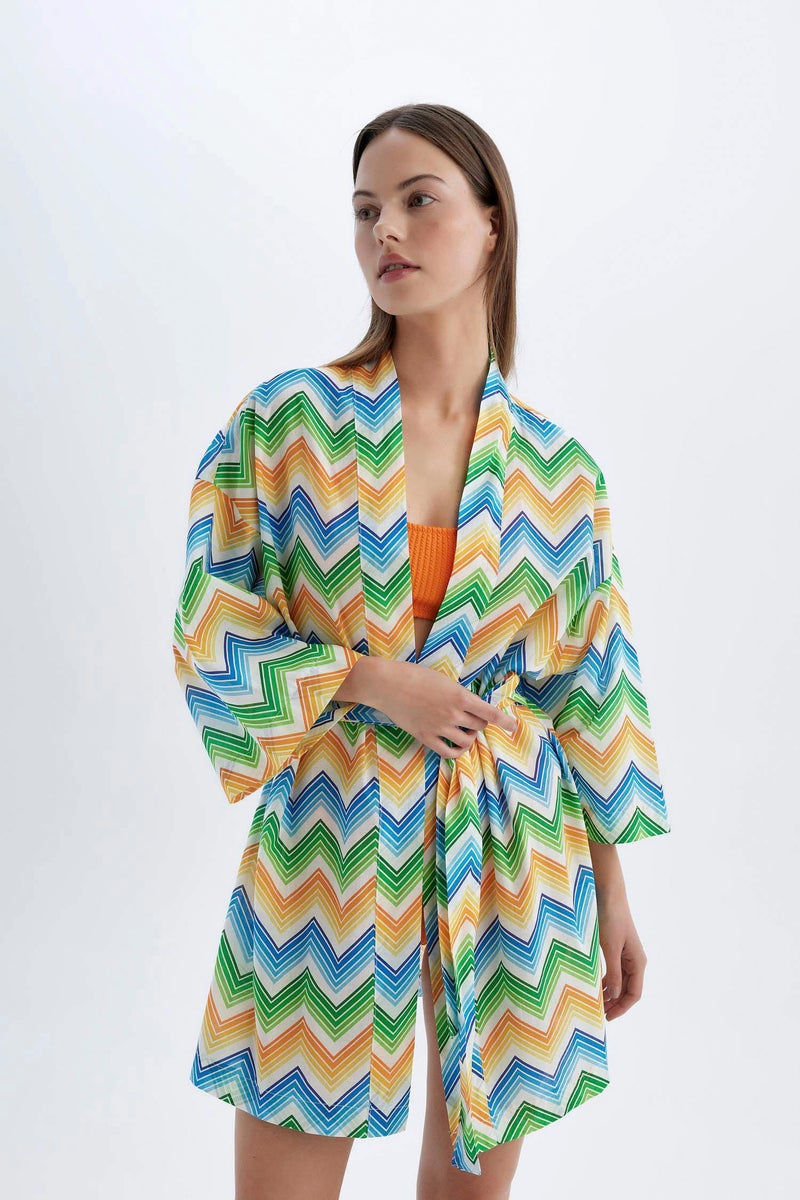 DeFacto Orange Woman Patterned Cotton Beach Kimono Casual - Image 1