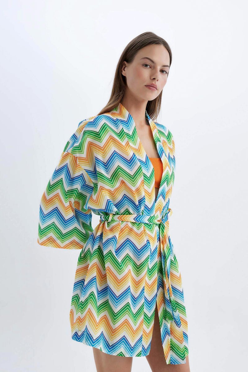 DeFacto Orange Woman Patterned Cotton Beach Kimono Casual - Image 3