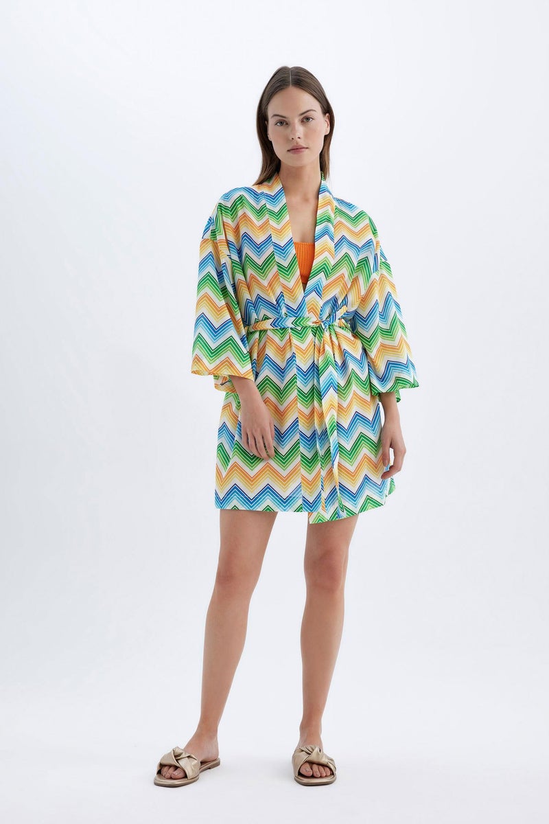 DeFacto Orange Woman Patterned Cotton Beach Kimono Casual - Image 2