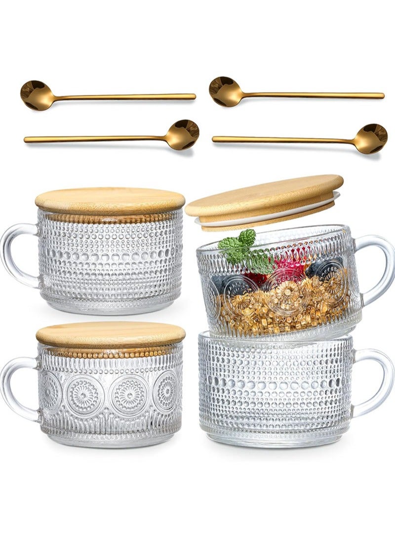 أبوستيم عبوة من 4 أكواب قهوة عتيقة، أوعية شوفان ليلية بأغطية وملاعق من الخيزران، زجاج شفاف منقوش سعة 420 مل، إكسسوارات بار قهوة أنيقة، أكواب قهوة مثلجة للكابتشينو واللاتيه - Image 1