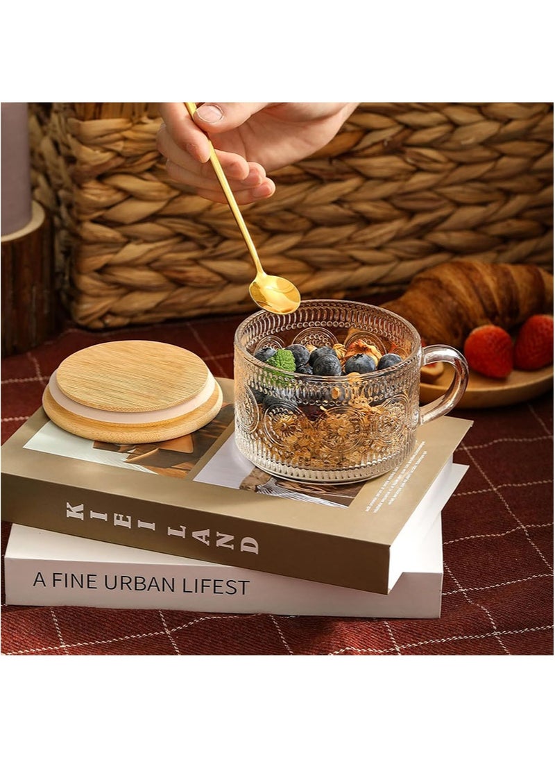 أبوستيم عبوة من 4 أكواب قهوة عتيقة، أوعية شوفان ليلية بأغطية وملاعق من الخيزران، زجاج شفاف منقوش سعة 420 مل، إكسسوارات بار قهوة أنيقة، أكواب قهوة مثلجة للكابتشينو واللاتيه - Image 5