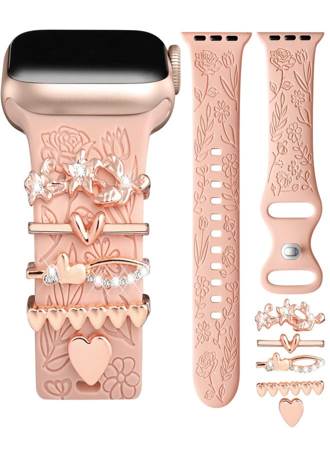داجين سوار DaQin محفور عليه زهور متوافق مع أساور ساعة Apple Watch مقاس 40 مم، 38 مم، 41 مم للنساء، سوار رياضي من السيليكون الناعم مع تعليقات زخرفية لساعة Apple Watch Series 9، 8، 7، 6، 5، 4، 3، 2، 1، SE (مع السوار) - Image 1