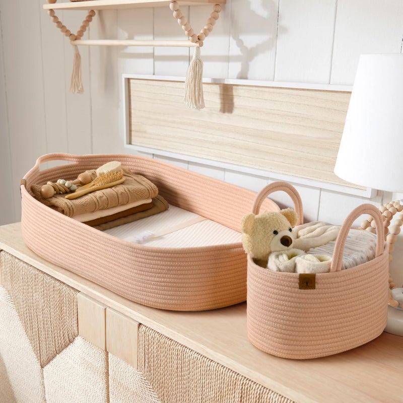 JJOO Baby Changing Basket Includes Diaper Caddy - Soft & Waterproof Dual-Cover, Portable, Changing Pad for Dresser & Changing Table, Gift for Baby Shower, Organic Cotton Rope - Image 2
