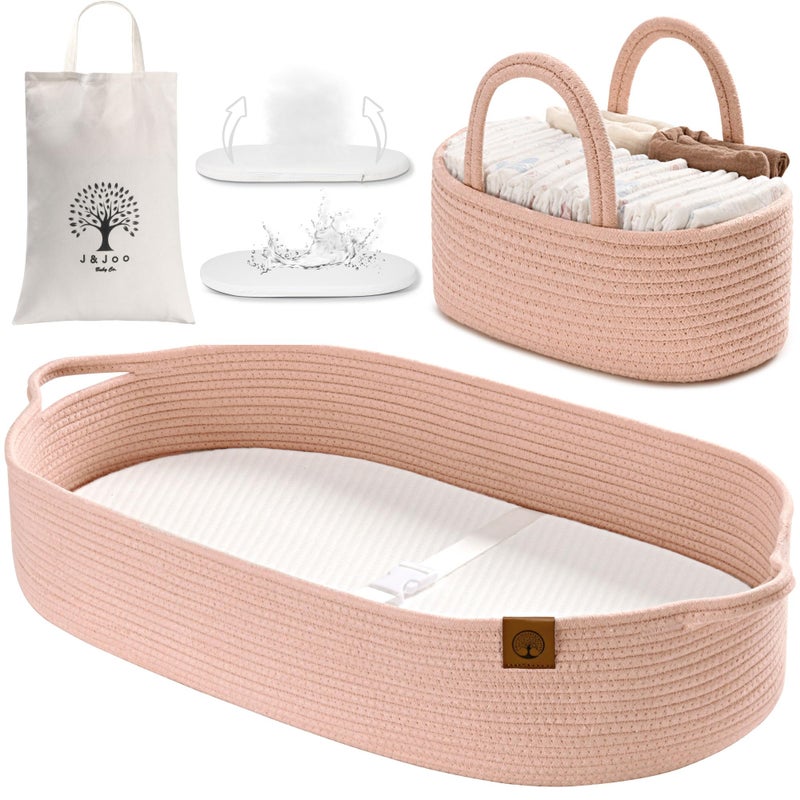 JJOO Baby Changing Basket Includes Diaper Caddy - Soft & Waterproof Dual-Cover, Portable, Changing Pad for Dresser & Changing Table, Gift for Baby Shower, Organic Cotton Rope - Image 1