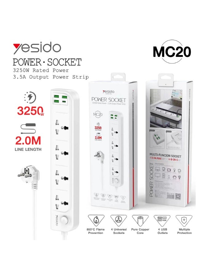يسيدو قابس طاقة Yesido MC20 بقوة 3.5 أمبير كحد أقصى، مزود بأربعة مقابس تيار متردد و3 منافذ شحن USB / منفذ USB-C، وكابل بطول مترين. - Image 1