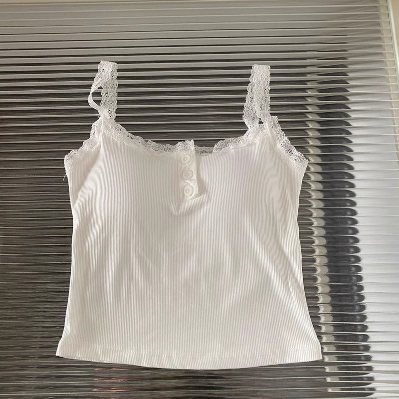 Plus size chubby girl pure desire lace small sling summer bottoming vest top with chest pad wrapped chest lace sling White [high quality version with chest pad]] 