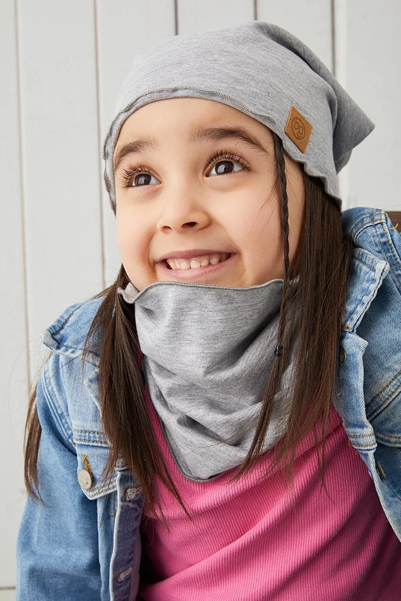 بيبيجيز Gray Baby Girl Beanie Neck Collar Set Soft 100% Cotton Combed Cotton Trend Series