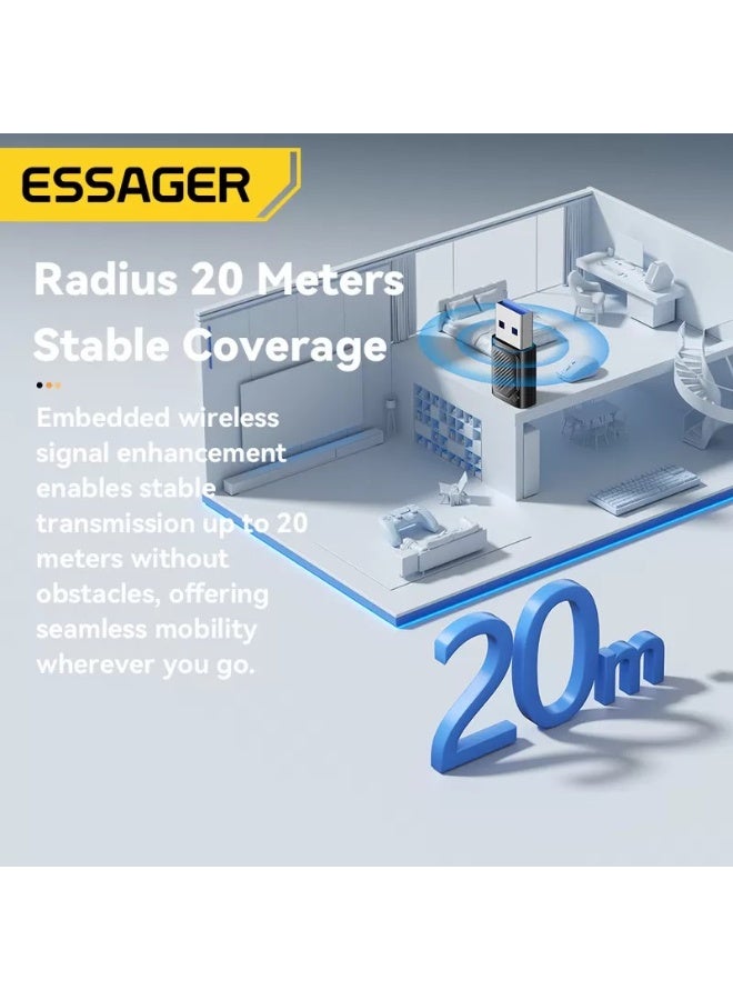 ايساجر دونجل ومحول بلوتوث 5.3 USB لاسلكي للكمبيوتر واللاب توب من ESSAGER، جهاز استقبال بمدى طويل يصل الي 20 متر، يدعم توصيل 5 اجهزة متعددة في وقت واحد - Image 2