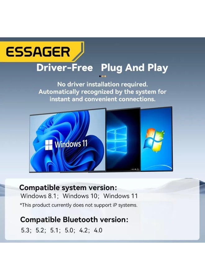 ايساجر دونجل ومحول بلوتوث 5.3 USB لاسلكي للكمبيوتر واللاب توب من ESSAGER، جهاز استقبال بمدى طويل يصل الي 20 متر، يدعم توصيل 5 اجهزة متعددة في وقت واحد - Image 3